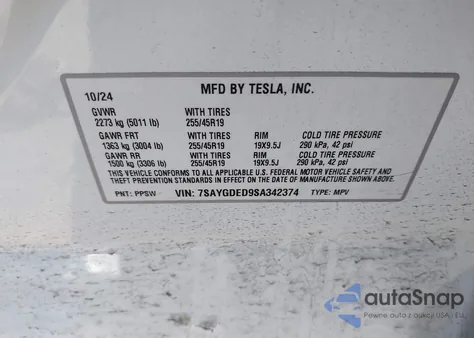 2025 Tesla Model Y Long Range Dual Motor All-Wheel Drive из США, поврежденный, VIN 7SAYGDED9SA342374